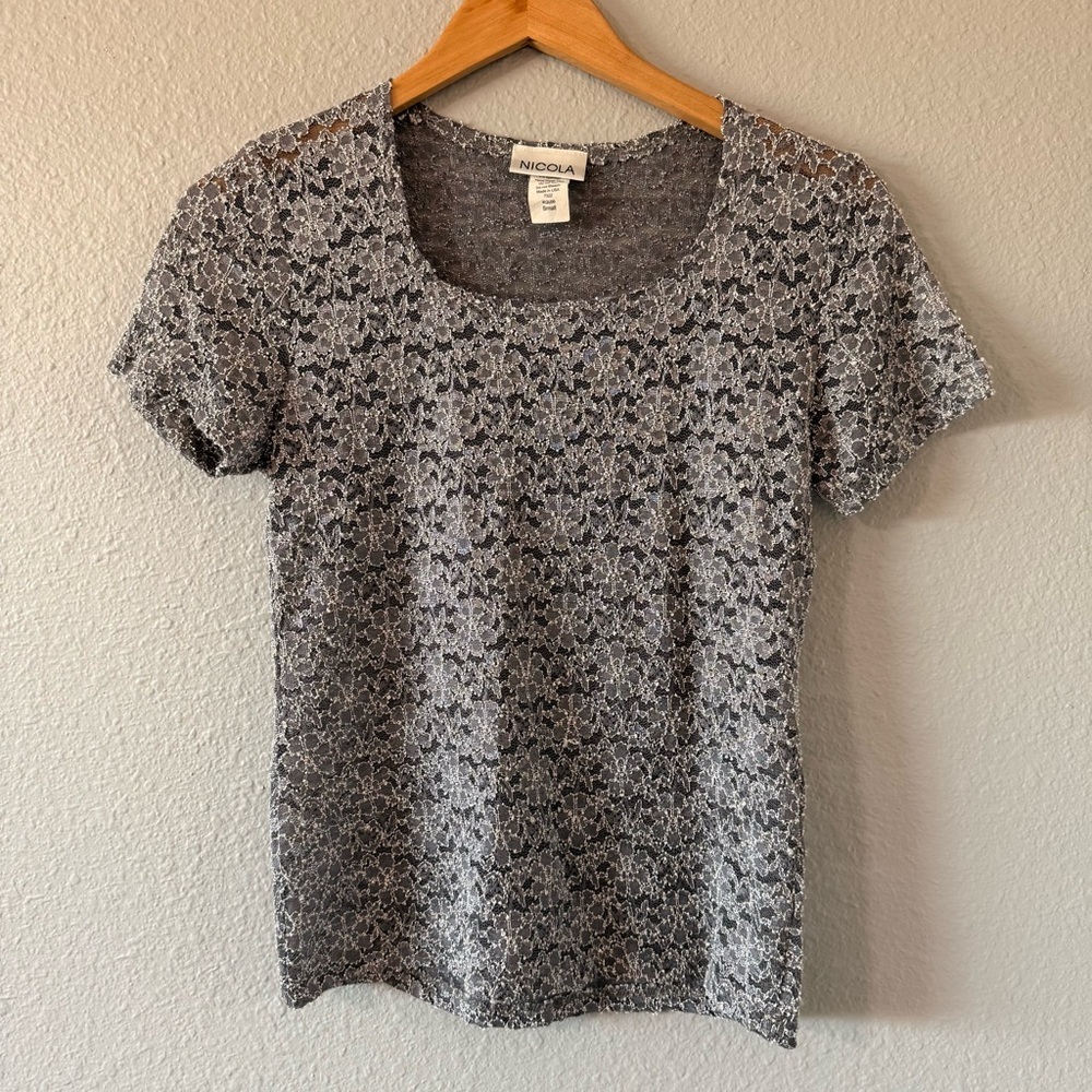 Vintage Nicola Gray Lace 90s Y2K Short Sleeve Top Women's Small Made in USA